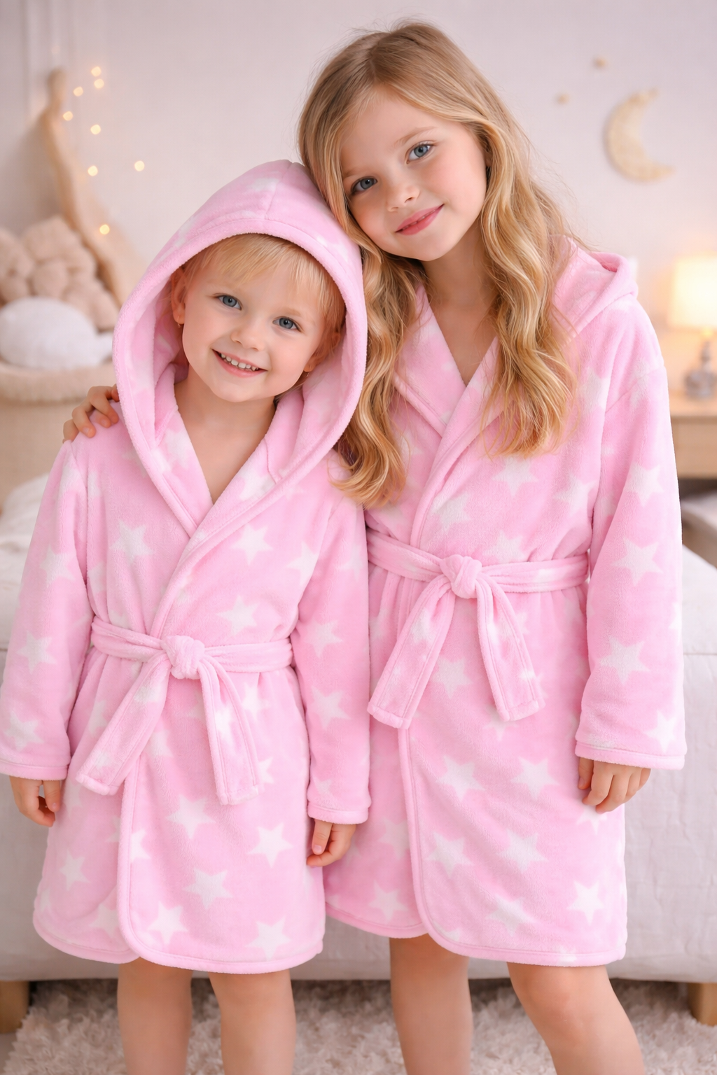 ciepły różowo biały szlafrok kąpielowy w gwiazdki dla dziewczynki Uvie